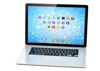 3d rendering of a laptop with blue wallpaper with app icon