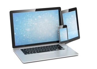 laptop, tablet, phone, on white. 3d rendering.