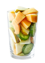 glass of fruit and vegetable pieces