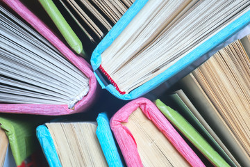 Set of books in the library. Knowledge, Science. Toned image.