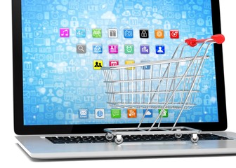 Shopping cart on laptop. 3d rendering.