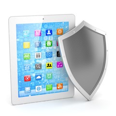 Tablet PC and shield on white device security concept. 3d rendering.