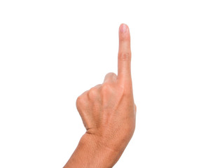 A hand sign point upward meaning one, first, etc. with white backgroud