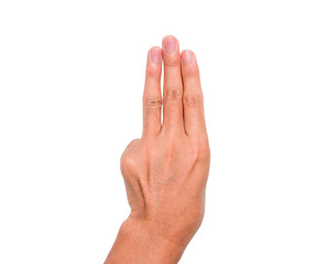 A hand sign of 3 fingers point upward meaning three, third, etc. with white backgroud