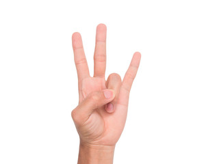 A hand sign of 3 fingers point upward meaning three, third, etc. with white backgroud