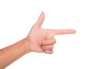 A hand sign point side-ward meaning this, one, first, etc. with white background