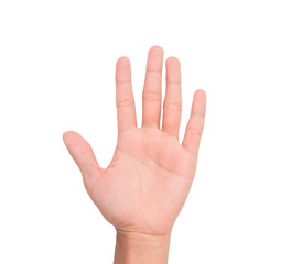 A hand sign point upward meaning five, present, pardon, etc. with white backgroud