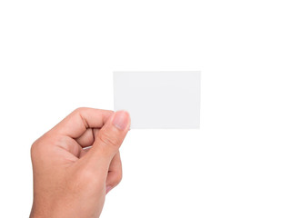 A hand holding a white paper card/note with white backgroud