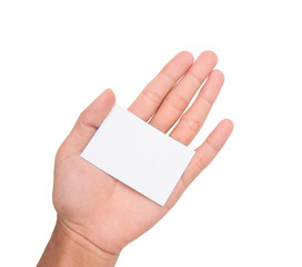 A hand holding a white paper card/note on palm with white backgroud