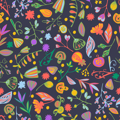 Original background with grass, flowers, seeds and fruits.