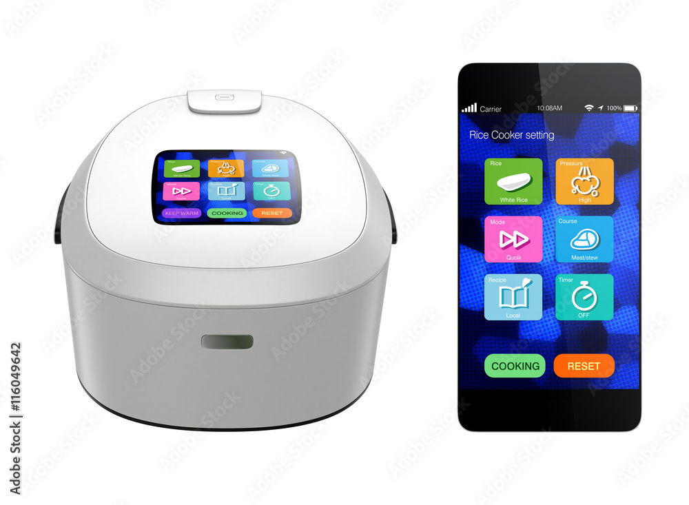 Aufkleber rice cooker and smart phone isolated on white background. 3d rendering image.