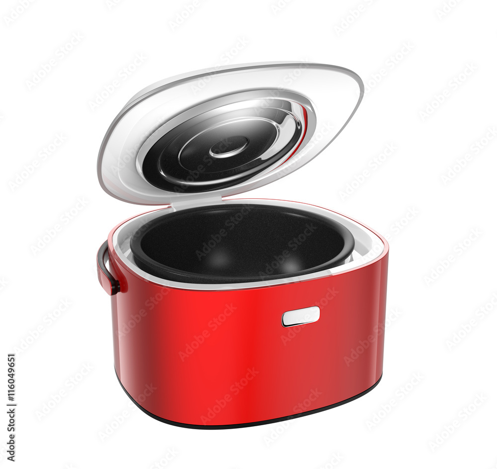Poster opened rice cooker isolated on white background. 3d rendering image.