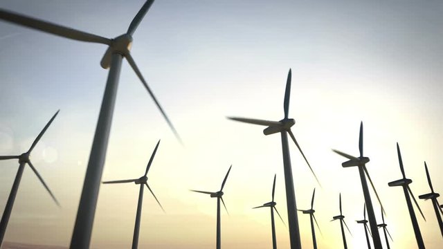 Scene of wind turbine energy. animation.sunset.