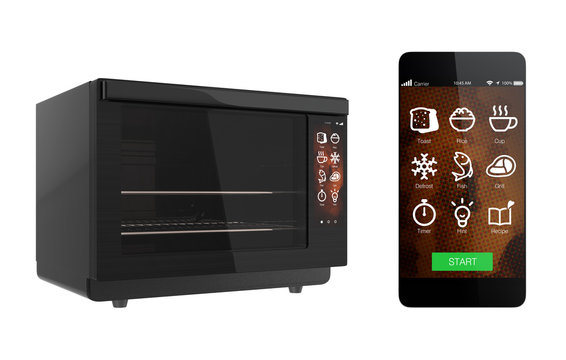 Electric oven and smart phone isolated on white background. Using smart phone app could link to the oven. 3D rendering image with clipping path.