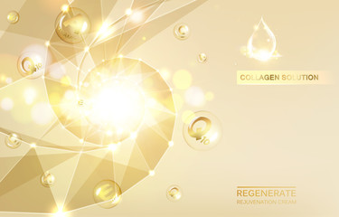 Regenerate face cream and Vitamin complex concept. Shining golden essence droplet. Vitamin E drop in form of sphere. Beauty skin care design over golden backdrop. Vector illustration.
