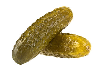 Pickled cucumbers on white background