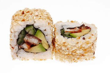 Delicious sushi isolated on white background.