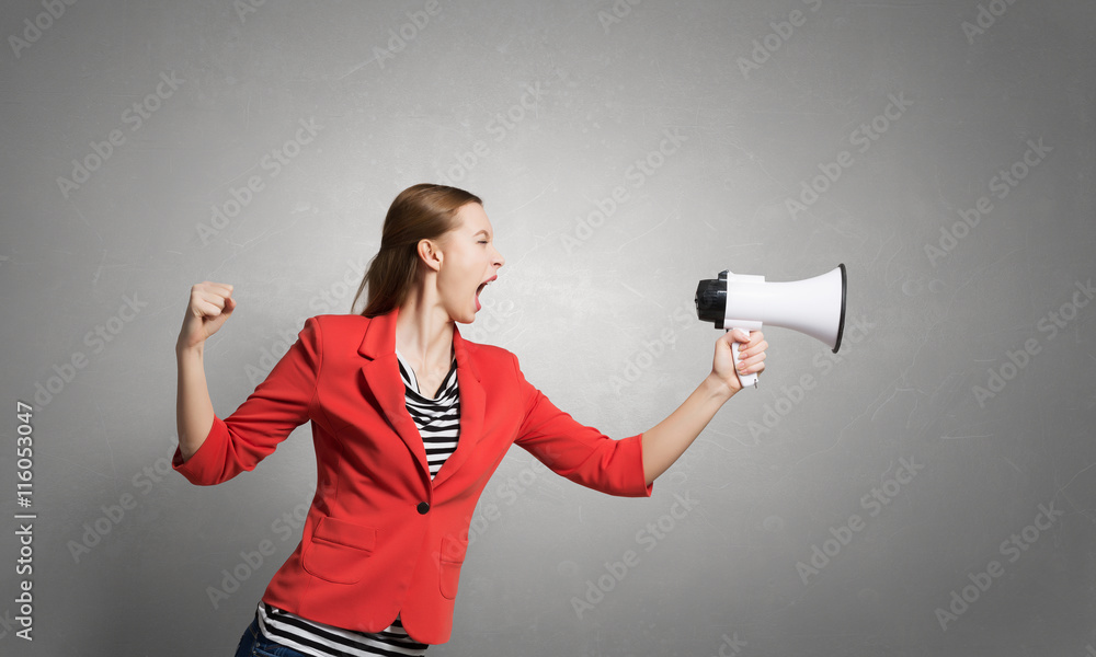 Wall mural woman making loud announcement . mixed media