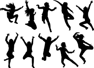 ten active girls on white