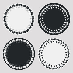 Set of silhouette round frames with floral elements. Design element for  logo, banners, labels, prints, posters, web, presentation, invitations, weddings, greeting cards, albums. Vector clip art.