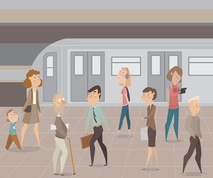 People in subway. Funny cartoon characters. Vector illustration