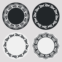 Set of silhouette round frames with floral elements. Design element for  logo, banners, labels, prints, posters, web, presentation, invitations, weddings, greeting cards, albums. Vector clip art.