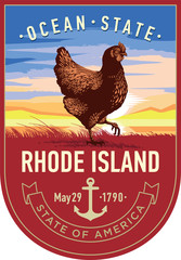 Род-Айленд стилизованная эмблема штата Америки, курица на восходе на красном фоне