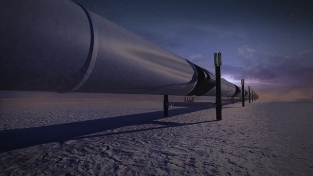 Pipeline in desert, 3D animation, nighttime.