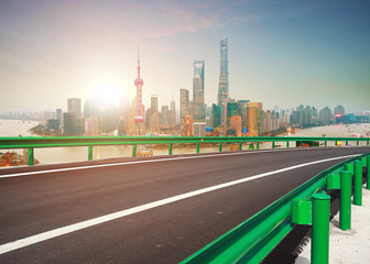 Empty wood floor with bird-eye view at Shanghai bund Skyline