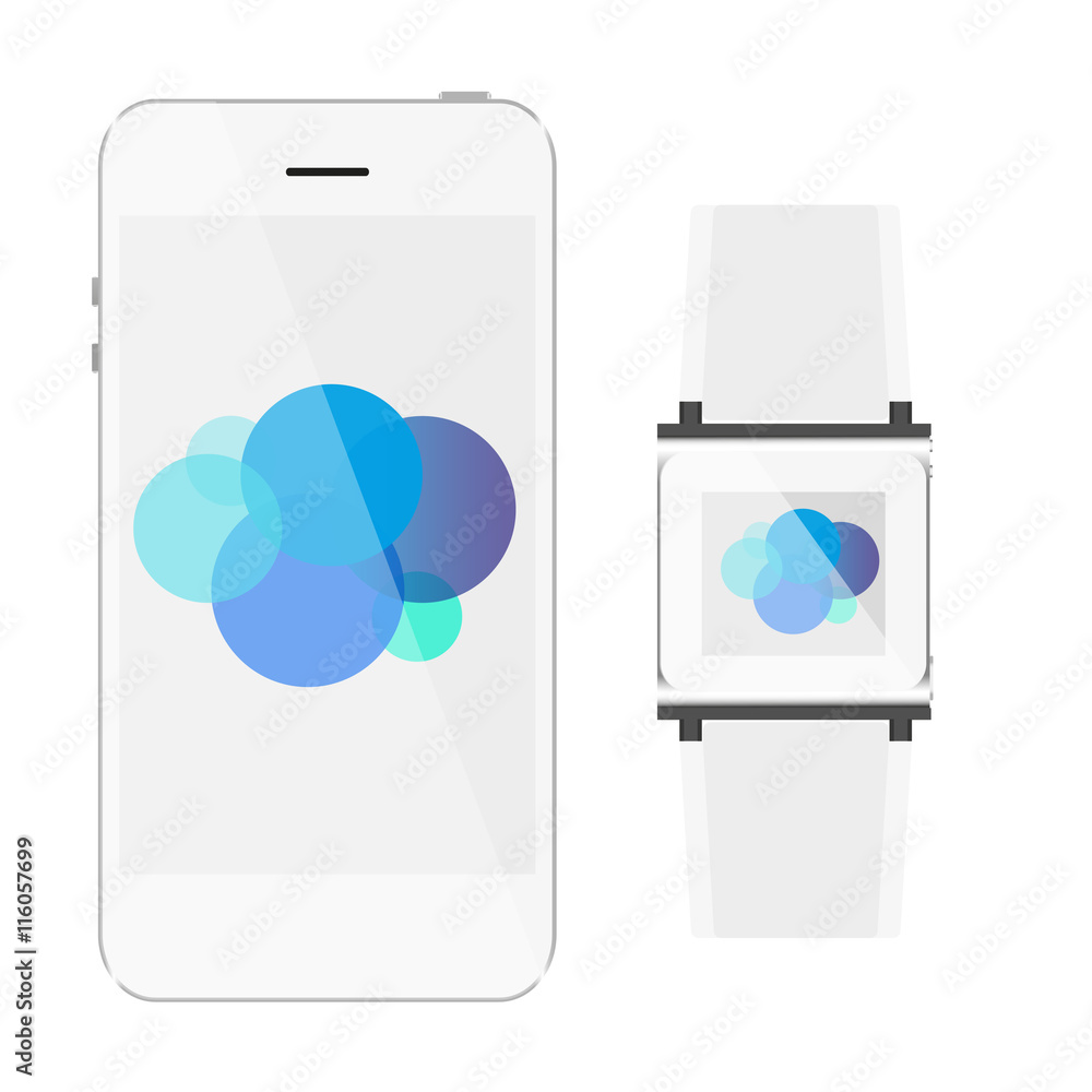 Poster set the phone and clock with white background and pattern