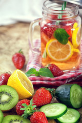 Infused Water with Fresh Strawberries, Lemon, Cucumber, Kiwi and Mint