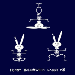Fototapeta na wymiar Cute and funny skeleton rabbit in different poses: activity, dance, yoga or gymnastic. Drawing in cartoon style isolated on dark blue background. Set of design elements. Vector illustration