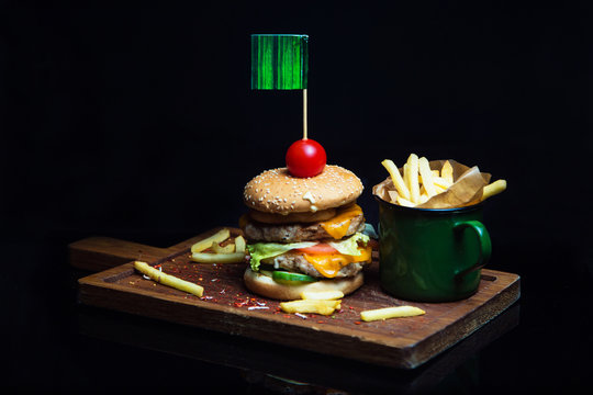 Burger set on a board