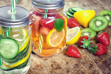 Infused Water with Fresh Strawberries, Lemon, Cucumber, Kiwi and Mint