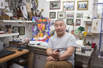 Expressionist artist in his art studio