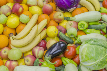 fruit and vegetables in a huge heap the top view
