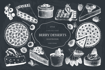 Vector collection of ink hand drawn berry cake, pie and tart illustration. Vintage set of decorative berries dessert sketch on white background. Design elements for bakery menu or baking shop.
