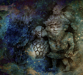 little forest dwarf carrying his lantern in woodland, colorful drawing - obrazy, fototapety, plakaty