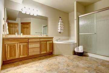 Fototapeta na wymiar Elegant bathroom in soft tones with hardwood cabinets and marble tiled floor.