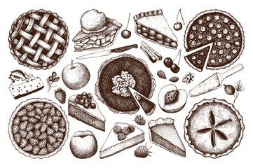 Vector collection of ink hand drawn fruit and berry baking illustration. Vintage set of traditional cake, tart and pie sketch. Sweet bakery. Top view. - obrazy, fototapety, plakaty