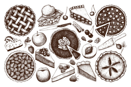 Naklejki Vector collection of ink hand drawn fruit and berry baking illustration. Vintage set of traditional cake, tart and pie sketch. Sweet bakery. Top view.