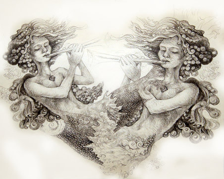two mermaids playing flute, monochromatic ornamental illustration