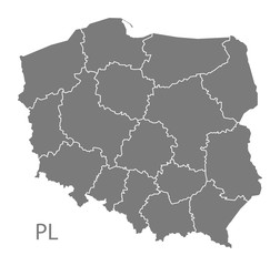 Poland Map with regions grey