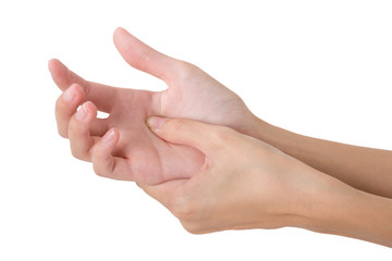 Asian adult female holding her hand with massaging in pain area, Isolated on white background.