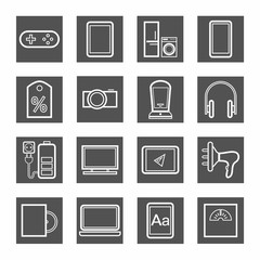 Gadgets, appliances, monochrome contour icons, gray. 