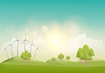 Eco Vector Summer Landscape, with trees and wind turbines. Vector illustration.

