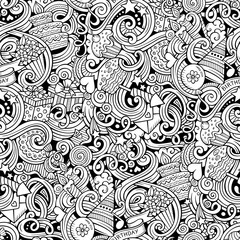 Cartoon hand-drawn doodles birthday theme seamless pattern