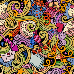Cartoon hand-drawn doodles birthday theme seamless pattern