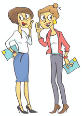 Two office women gossiping. Bad behavior at work.