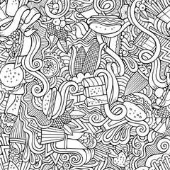 Fototapeta premium Cartoon hand-drawn doodles on the subject of fast food seamless pattern